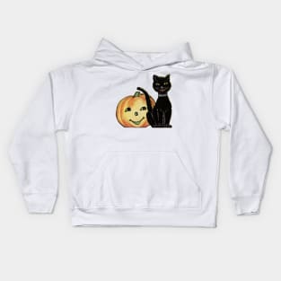 Halloween black cat with orange pumpkin Kids Hoodie